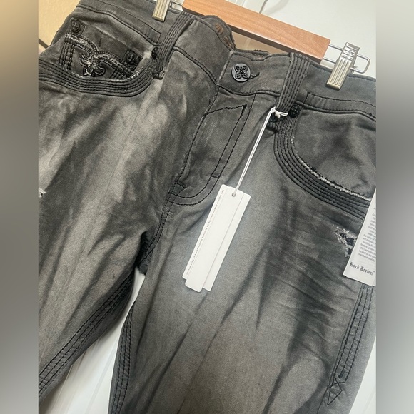 Rock Revival Armory Biker Faded Gray Distressed Embellished Jeans - Picture 6 of 17